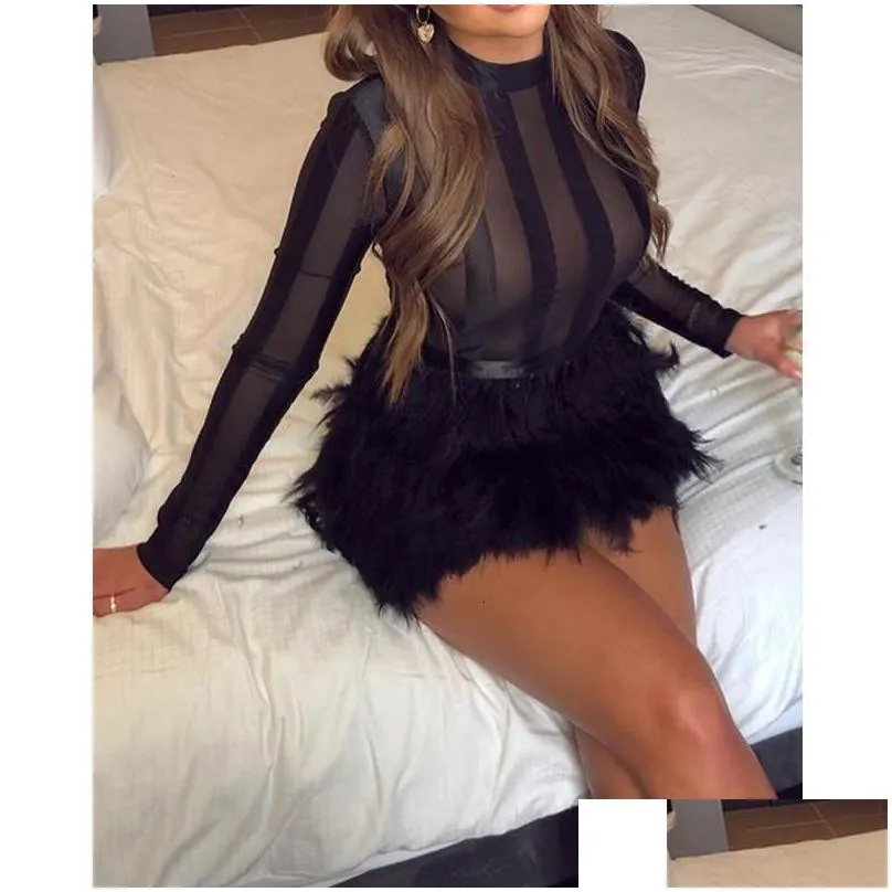 Basic & Casual Dresses Womens Feathers Design Dress Women Black Transparent Bodycon Autumn Y Night Club Party Slim Fit Drop Delivery Dhyps