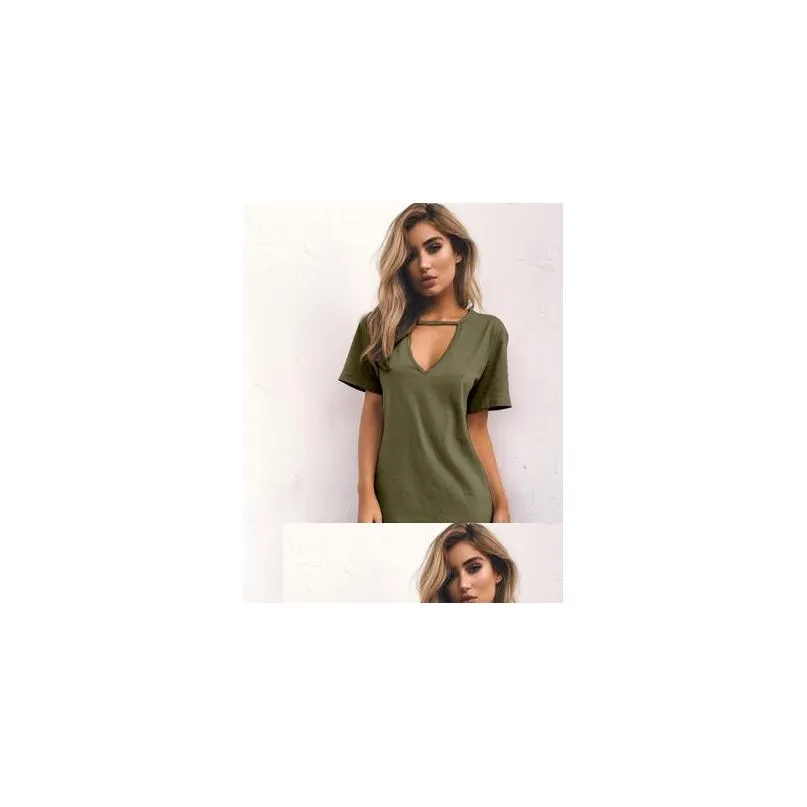 Women`S T-Shirt 11 Color Y Women Clothes New Fashion T Shirt Solid V-Neck Summer Casual Short Sleeve Long Top Tee Drop Delivery Appare Dh6Rl