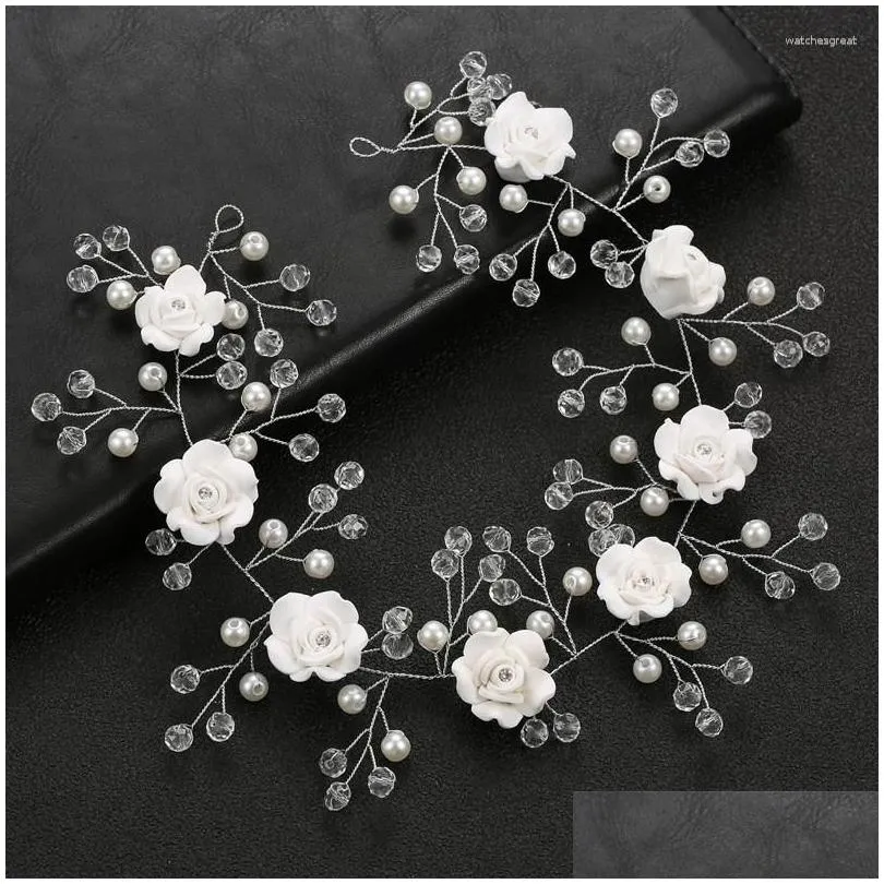 Hair Clips Pearl White Flower Headband Wedding Crystal Bride Accessories Handmade Hairband Beads Decoration Comb For Women