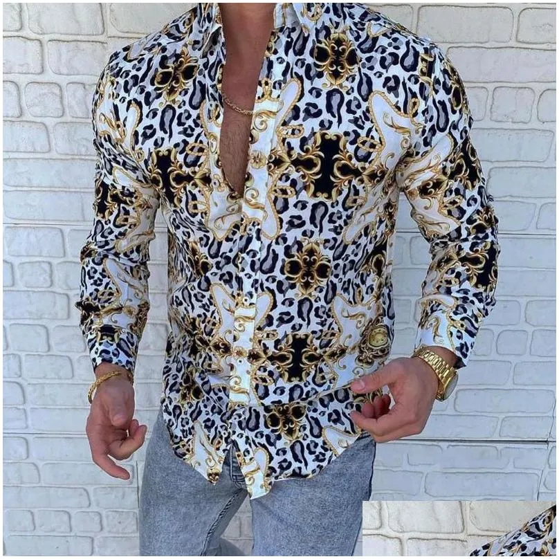 Men`S Casual Shirts Mens Fashion For Men Long Sleeve Floral Print Shirt Autumn Dress Camisa Button Turn-Down Collar Male Top Drop Del Dhzl5