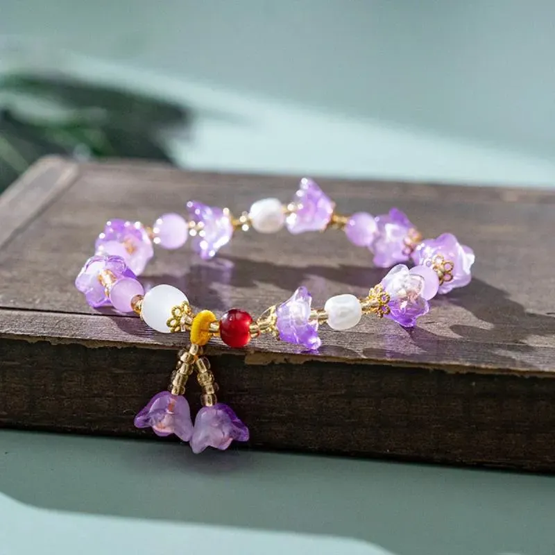 Charm Bracelets Crystal White Floral Leaf Bracelet Trend Green Purple Color Beaded Lily Valley Flower For Women Wedding Jewelry