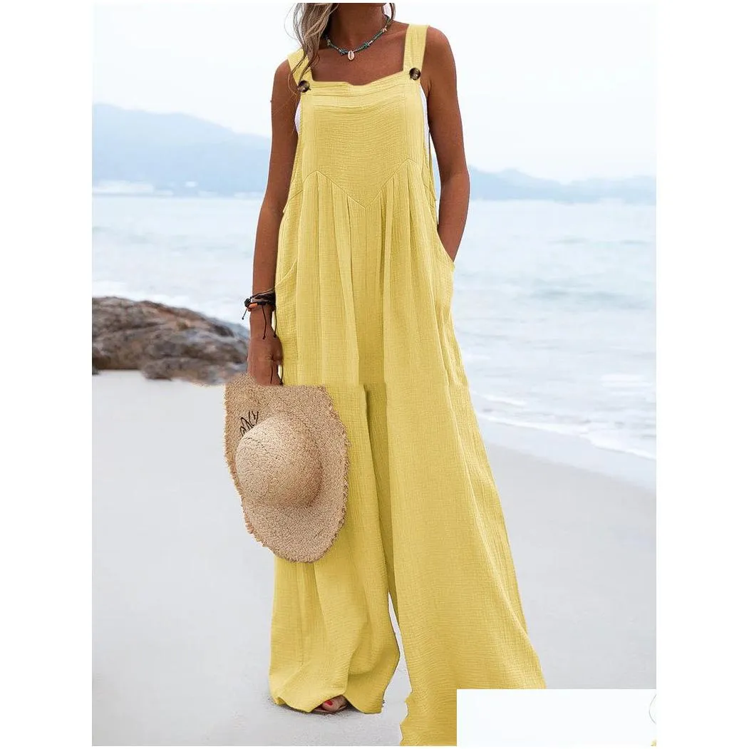 Women`S Jumpsuits & Rompers Designer New Woman Solid Strap Wide Leg Pants Pockets Romper Casual Summer Sleeveless Fashion Loose Dunga Dhkct