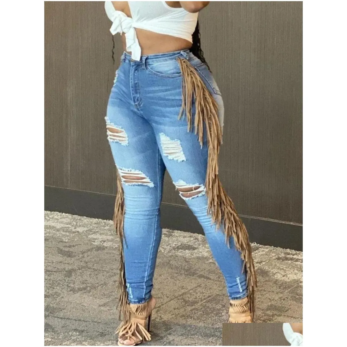 Women`S Plus Size Pants Lw Summer Jeans Tassel Design Ripped Skinny Ladies Y2K High Street Cargo Pants240318 Drop Delivery Apparel Otqo0