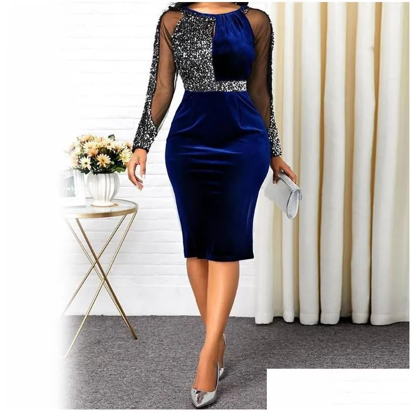 Basic & Casual Dresses Y Women See Through Sheer Long Sleeve Shiny Sequin Office Party Bodycon Dress Midi Robe Femme Elegant Vestidos Dh0Cy