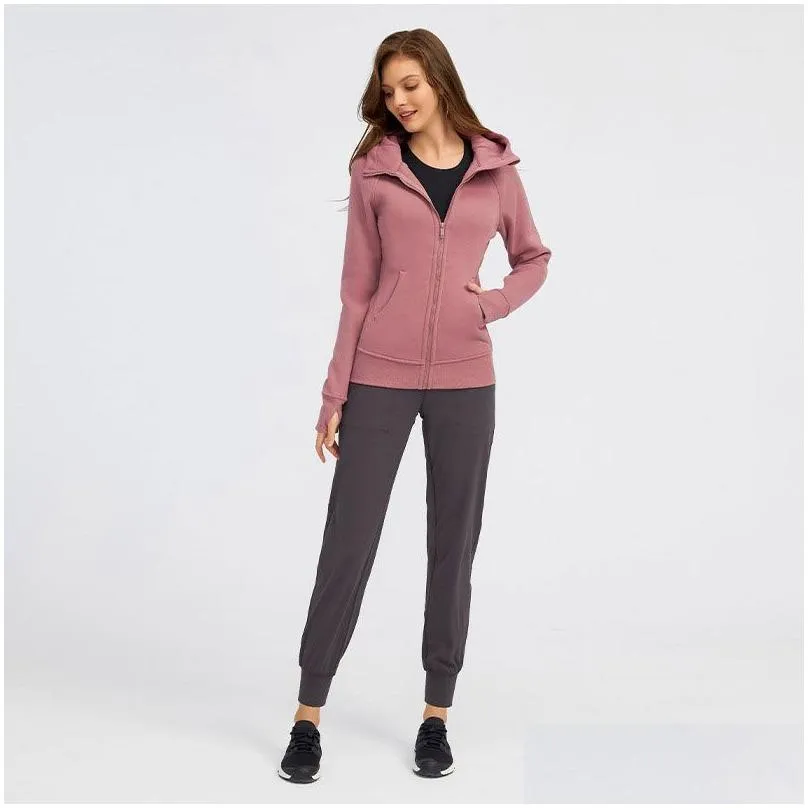 L-028 Cotton Blend Fleece Hoodies Yoga Tops Full Zip Hoodie Hip Length Classic Fit Sweatshirts Women Jacket Sports Hooded Top Gym 2663