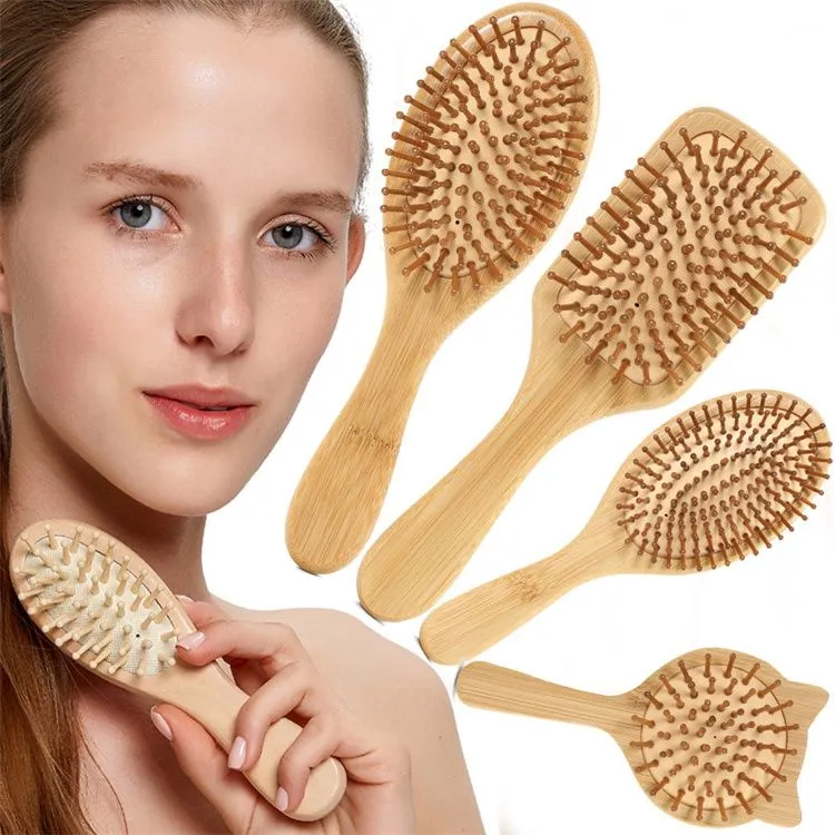 Home Natural Bamboo Brush Healthy Care Massage Hair Combs Antistatic Detangling Airbag Hairbrush Hair Styling Tool Satin Hair Band Scrunchies