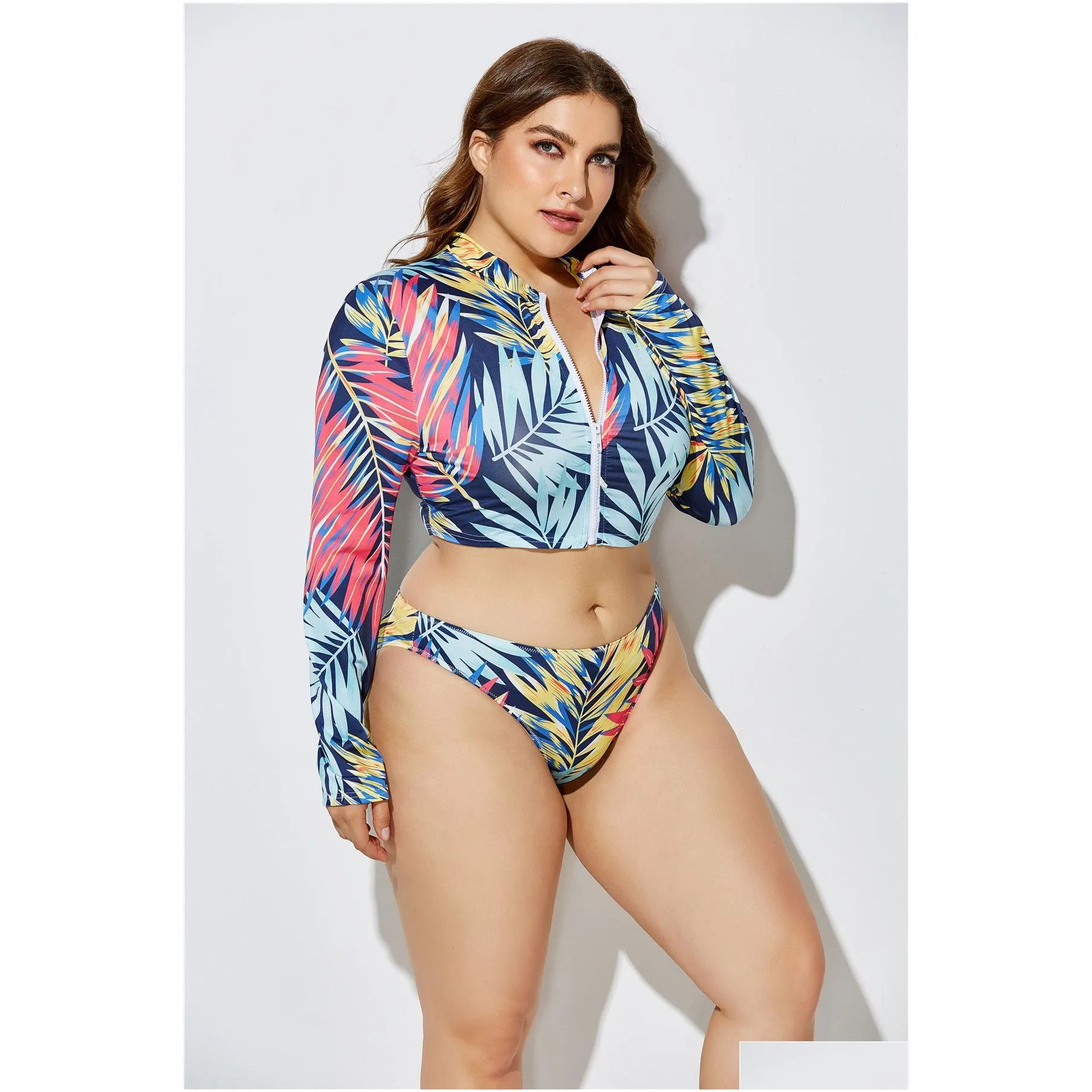 Women`S Plus Size Swimwear Swimsuit European And American New Y Print Bikini Large Split Banding Waist Triangle Scarf Three-Piece Set Dhr4W