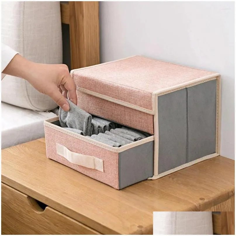 Jewelry Pouches Double-Layer Storage Box Drawer Foldable Home Underwear (Blue Double Layer Two Draw)