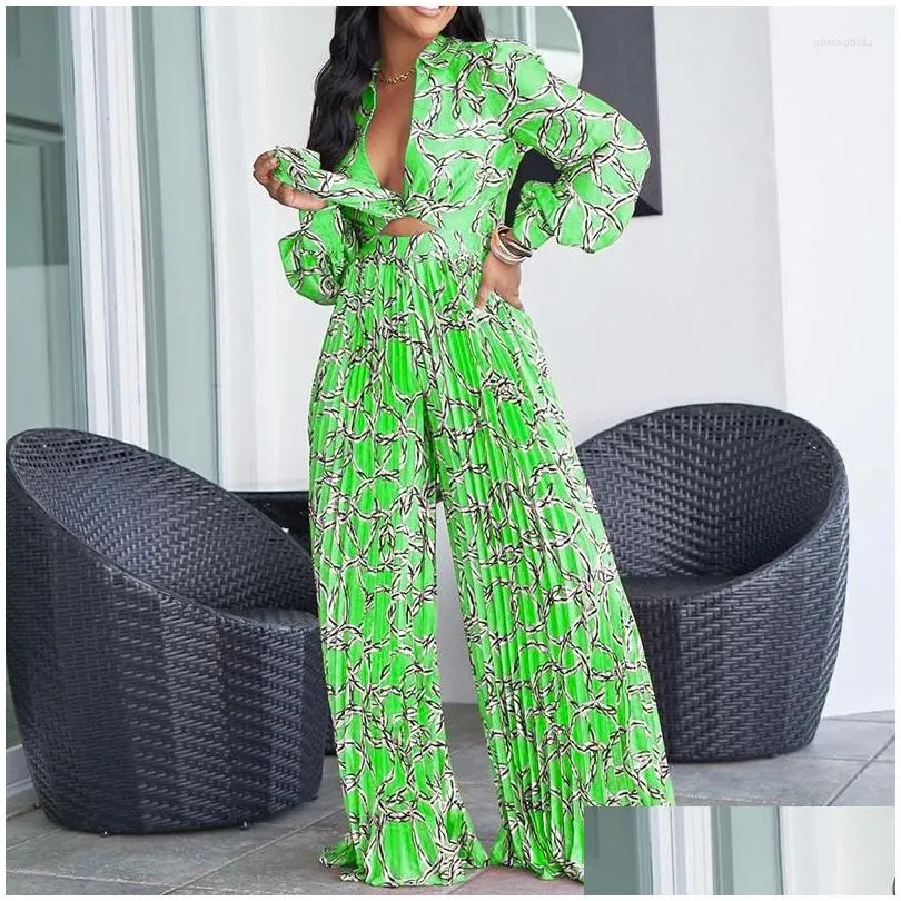 Women`S Two Piece Pants Womens Spring Women Y Pleated Long Sleeve Shirt Clothes Set Loose Trousers Printing Suit Summer Outfits For L Dhzhh