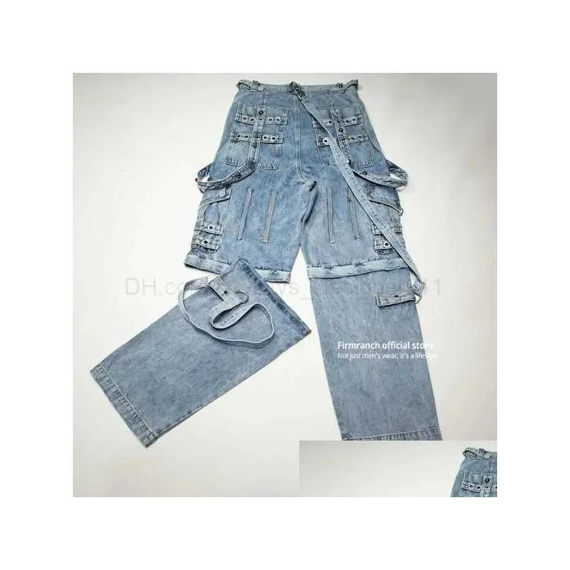Men`s Jeans Mens Jeans Firmranch Double Wear Raver Multiple Pockets Laceup For Men Women Oversized Wash Old Baggy Denim Pants High Quality 230516