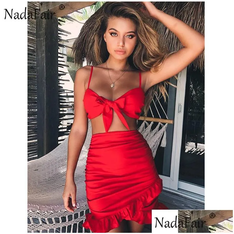 Basic & Casual Dresses Two Pieces Set Women Ruffles Bow Beach Summer Dress Red Off Shoder Y Club Bodycon Wrap Mini Drop Delivery Appa Dhjbm