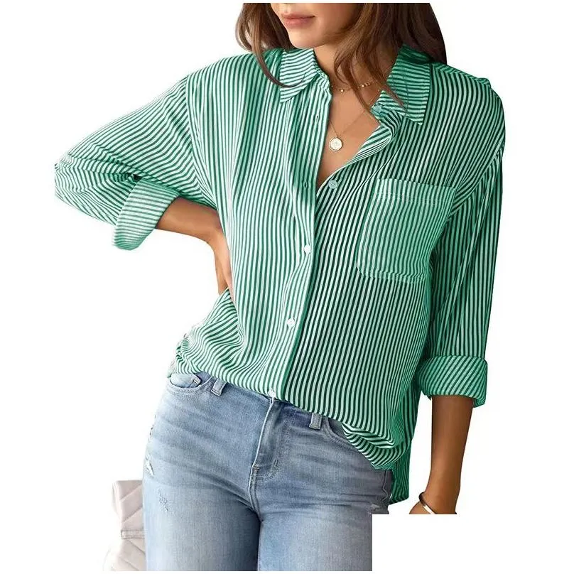 Women`S Blouses & Shirts Womens Shirt Designer Cottona Button-Up Striped Classic Long-Sleeved Collared Office Work With Pocket Loose Dhfgd