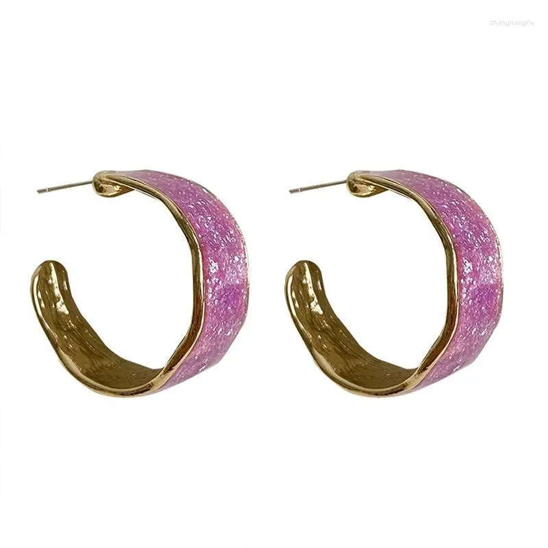 Hoop Earrings Minimalist Glitter Purple Enamel C Shape Gold Color Alloy Circle Open Statement For Women Party Jewelry