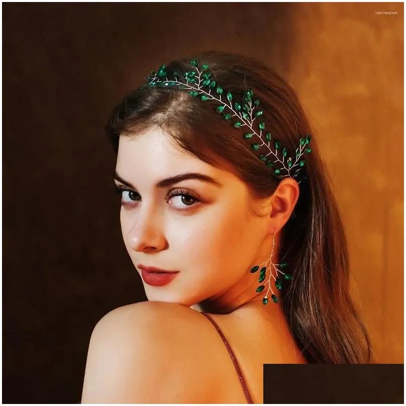 Hair Clips Green Purple Crystal Hairbands Earrings Wedding Jewelry Set Accessories Handmade Head Decoration Tiara Headbands