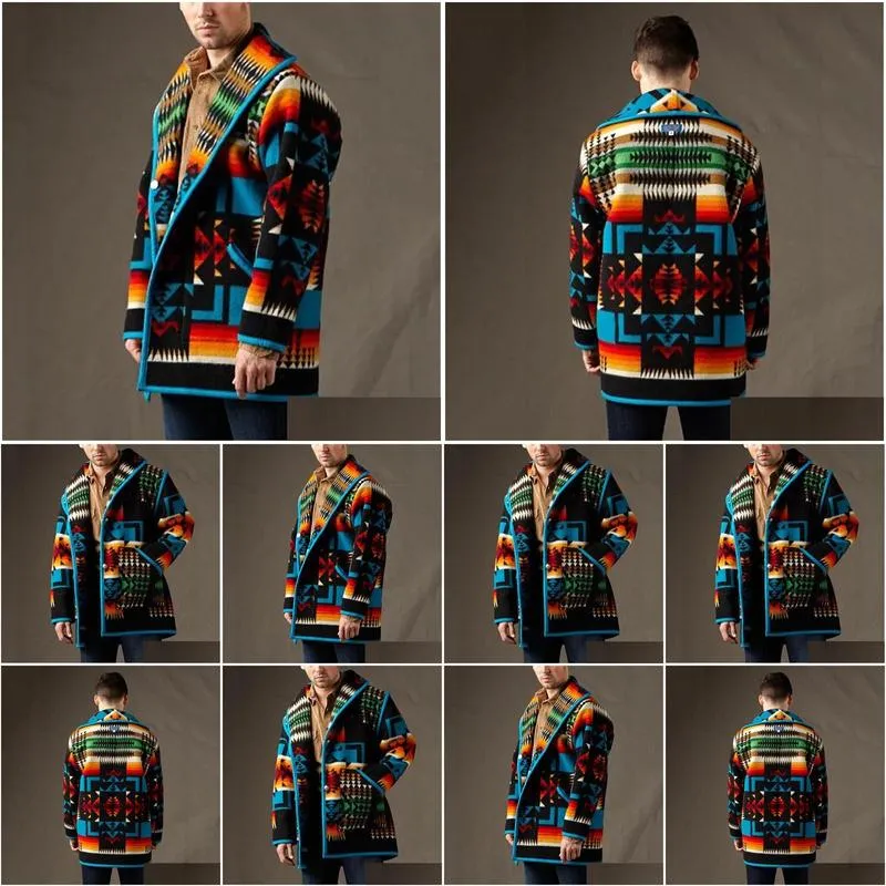 Men`S Wool & Blends Mens Casual Loose Turndown Collar Outerwear Vintage Printed Long Sleeve Jackets 2021 Autumn Winter Fashion Button Dh2Vi