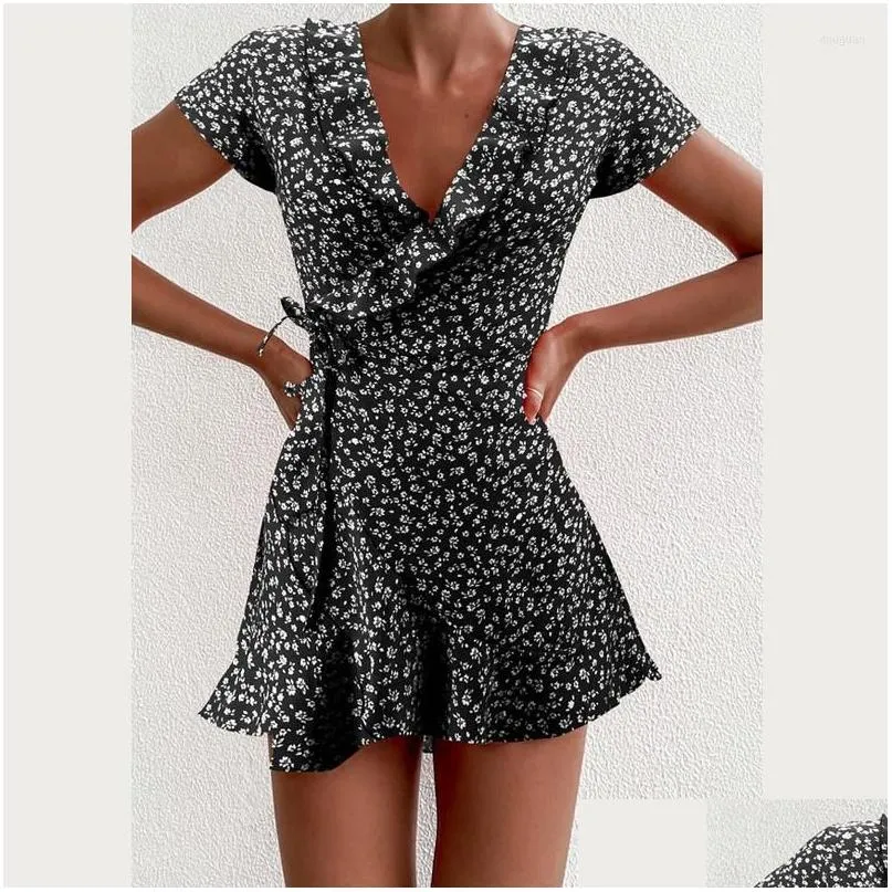 Casual Dresses A-line Women`s Summer Dress Elegant Floral Mini With Ruffles And Short V-neck For Ladies Chic Flowers Party