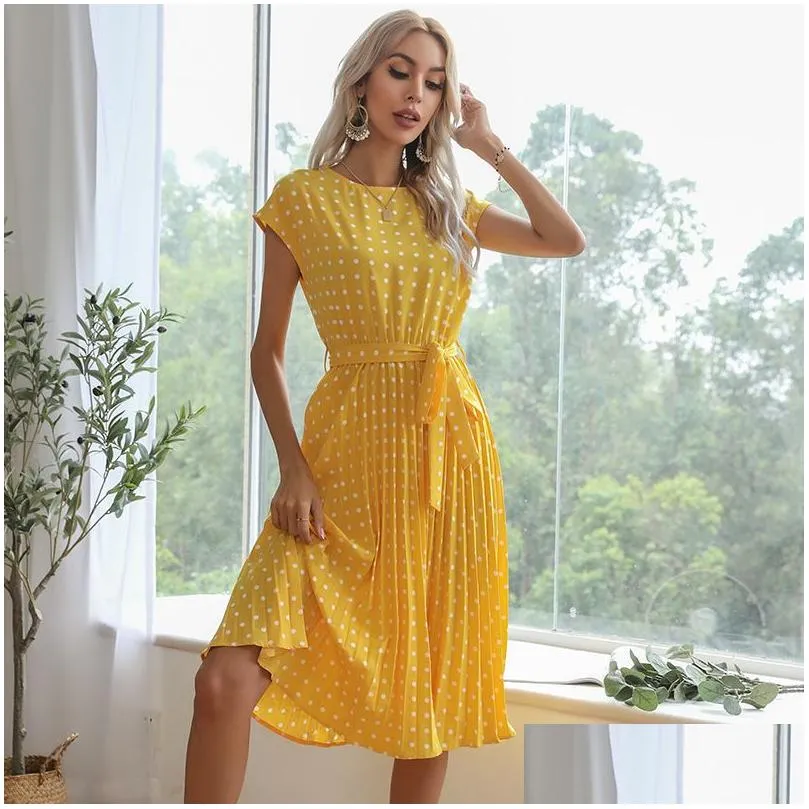 Basic & Casual Dresses 5 Colors Womens Retro Polka Dot Print Round Neck Dress Bandage Drop Delivery Apparel Women`S Clothing Dhtlv