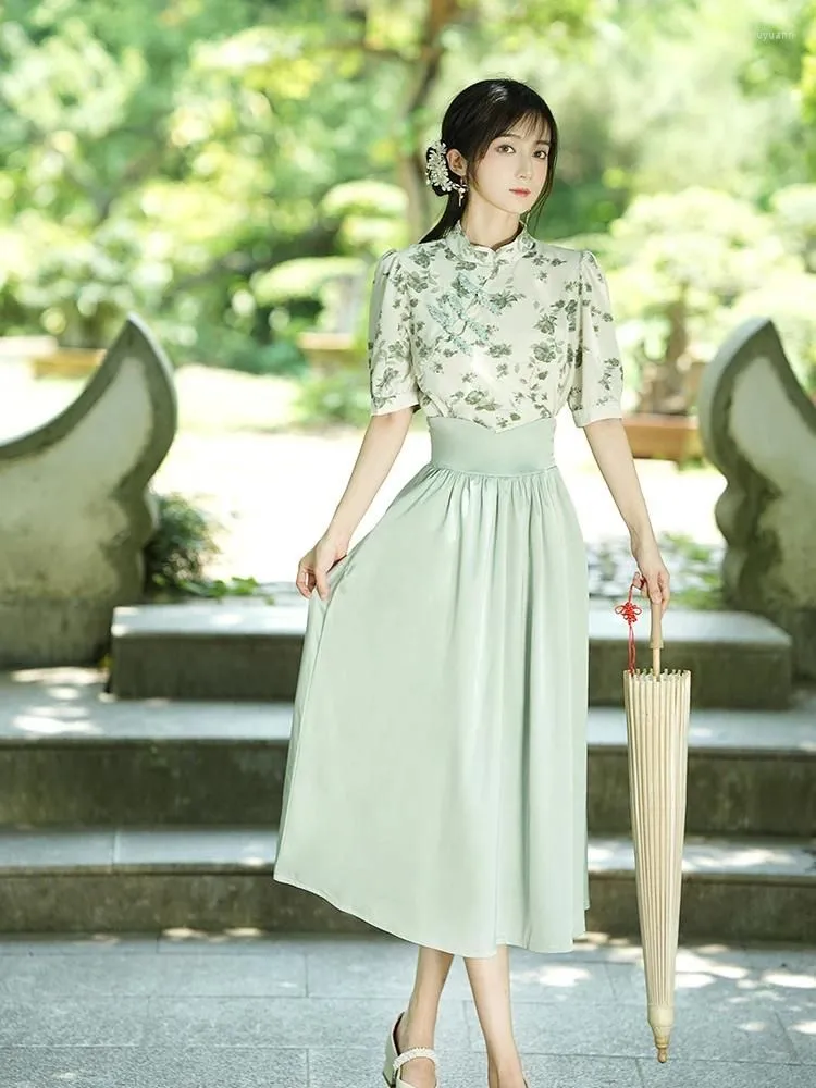 Work Dresses 2023 Chinese Style Summer Women 2 Pcs Set Short Sleeve Printing Blouse Bandage Green Long Skirt Elegant Sweet Outfits