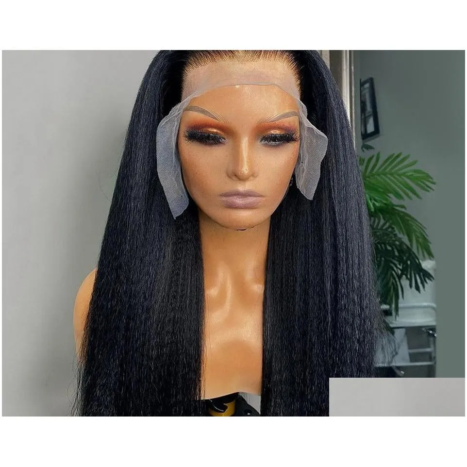 Transparent Kinky Straight 13x6 Lace Frontal Wigs Yaki Straight Human Hair Wig Pre Plucked Glueless Lace Closure Wig 250 Density