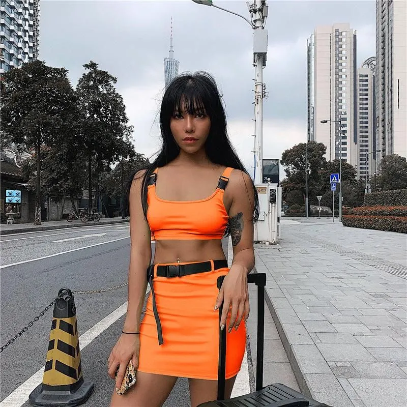 Two Piece Dress Summer Women Neon Pieces Set Skirt Bandage Crop Top And Tracksuit Outfits Streetwear 2 Festival Clothes