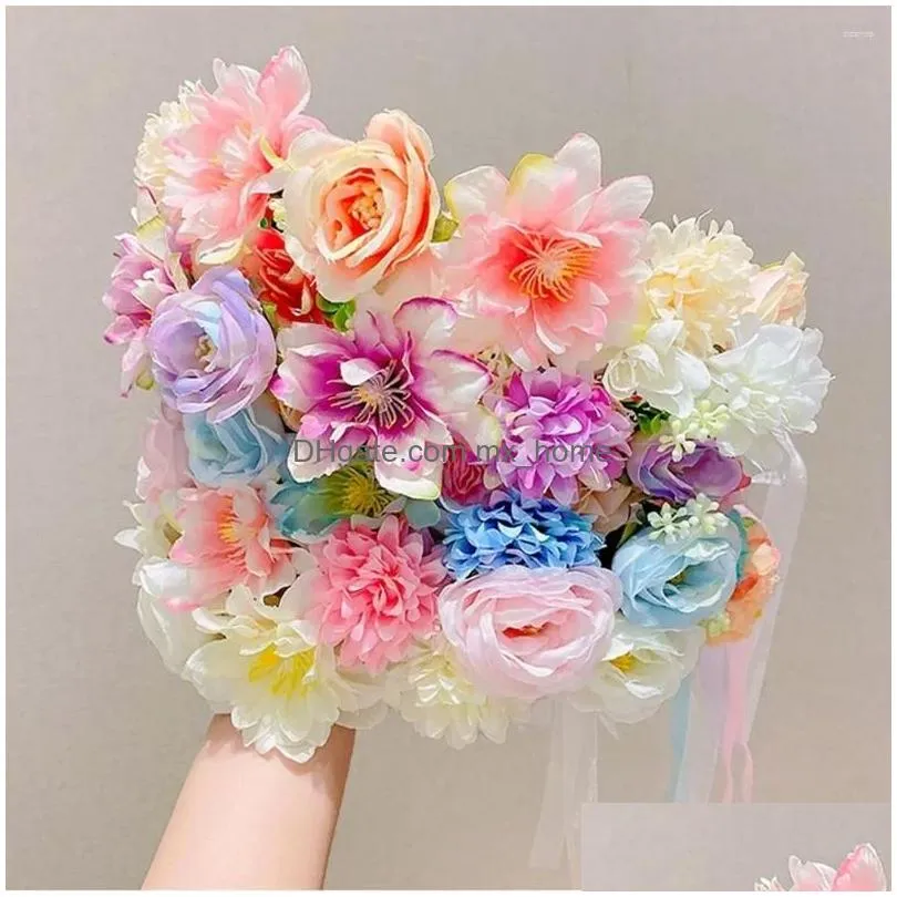 Hair Accessories Bride Flower Crown Hairband Rope Wedding Floral Headband Garland Girl Wreath Elastic Party Cosplay Headpiece Drop D Dh7Fp