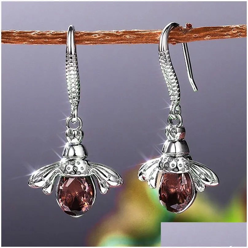 Dangle & Chandelier 925 Sier Color Crystal Little Bees Earrings Fashion Female Champagne Crystals Animal Style Earring Jewelry Wholes Dhtdy