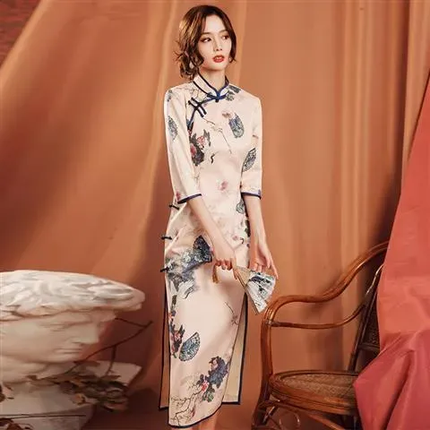 Traditional Chinese Women Flower Cheongsam Vintage Print Split Evening Party Dress Sexy Ladies Robe Gown Elegant Qipao Vestidos