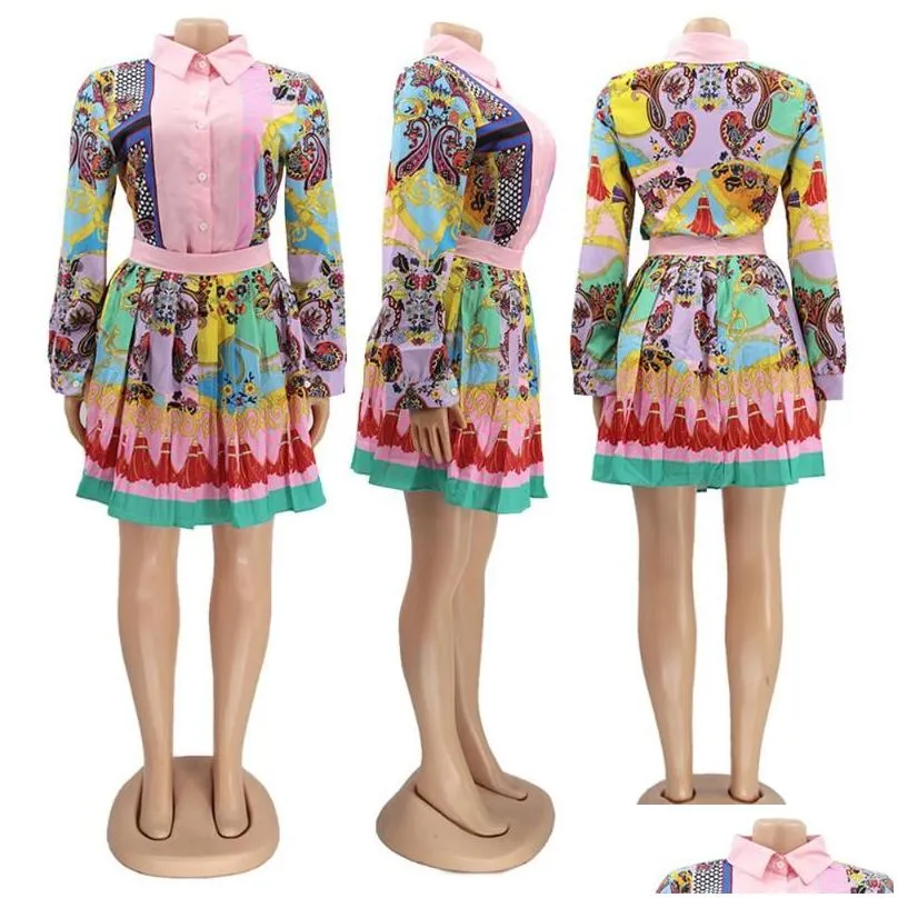Work Dresses 2 Pieces Set Y Spring Autumn Fashion Women 2021 Female Tops Floral Print Long Sleeve Shirt Zipper Mini Skirts Drop Deliv Dhxgr