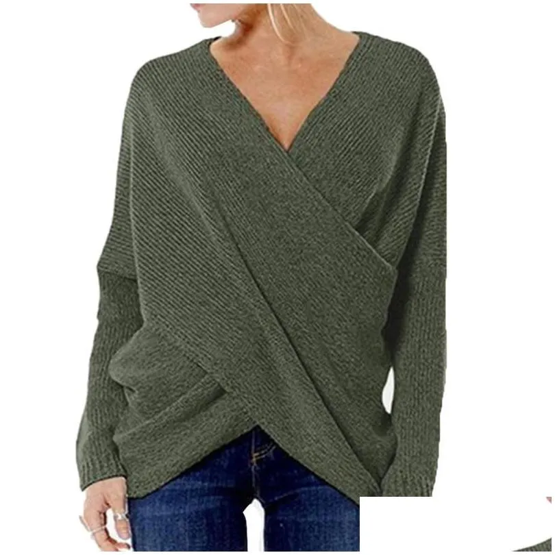Women`S Sweaters Women Sweater Autumn Y Knitted Vintage Cross Criss Plovers Casual V Neck Loose Jumpers Solid Irregar Hem 5Xl Drop De Dhda0