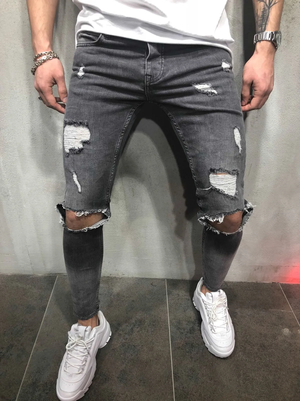 Men Clothing New Pants Destroyed Mens Slim Denim Straight Biker Skinny Jeans Men Ripped Jeans New