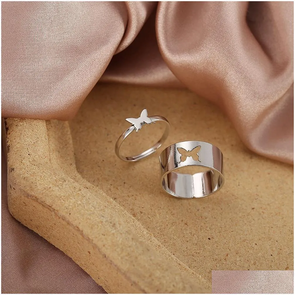 Band Rings Fashion Butterfly Wide Ring Friendship Jewelry Gift Men Womens Sier Gold Color Personality Adjustable Couple Drop Delivery Dhrqh