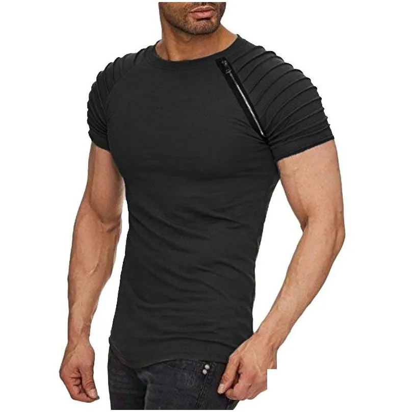 Men`S T-Shirts 5 Colors Mens T Shirts Solid Slim Folds Zipper Sleeve Fashion Short T-Shirt O-Neck Casual Clothes Streetwear Drop Deliv Dhvbz