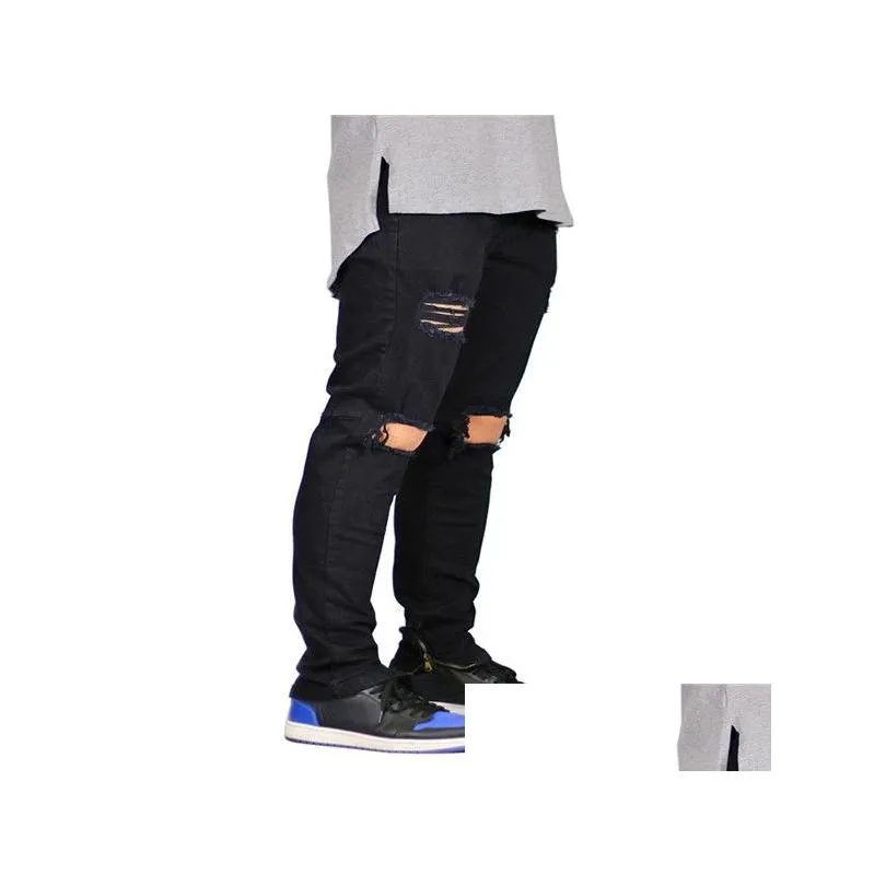 Men`S Jeans Mens 2 Colors Casual Knee Hole Zipper Design Elastic Waist Pencil Slim Fit Fashionable Urban Wind Style Cool Drop Deliver Dh6Ci
