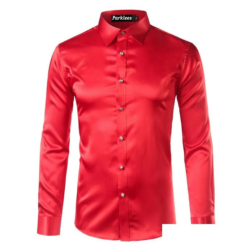 Men`S Casual Shirts New Gold Silk Satin Shirt Men Chemise Homme Fashion Mens Slim Fit Long Sleeve Emation Button Down Dress Red Drop Dhlna