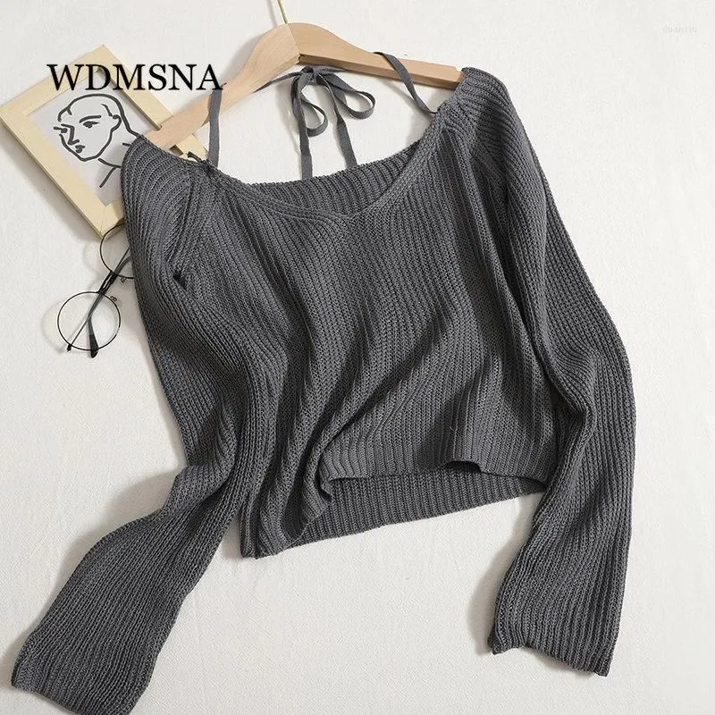 Women`s Sweaters WDMSNA Sexy V-neck Halter Lace Up Sweater Womens Long Sleeve Knitted 2023 Autumn Slim Sueter Mujer Crop Top Women