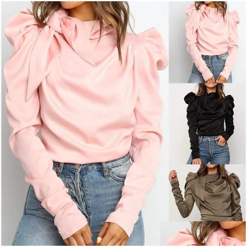 Women`S Blouses & Shirts Womens Satin Tops Stand Collar Long Puff Sleeve Outwear Shirt Blouse Pleated Spring Solid Color Bow 2021 Dro Dh7El