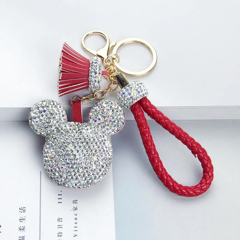 Women Rhinestone Key Chain Korea Cute Bling Mouse Keychain Pendant Female Car Key Ring Tassel Hanging Bag Charm Pendant Gift for Girls