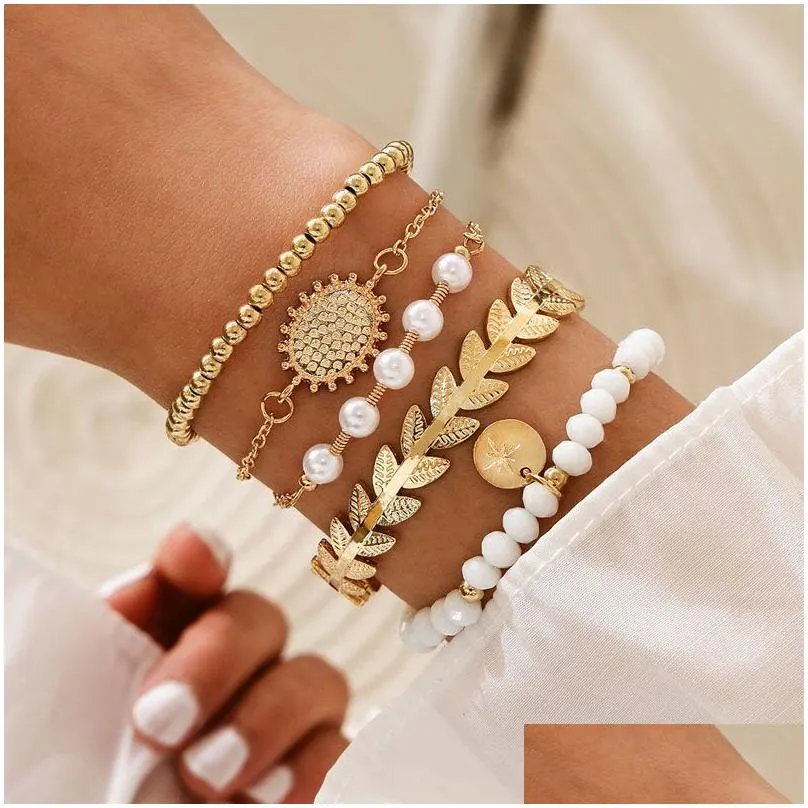 Cuff 2021 New Gold Bracelet Female Cute Simple Moon Star Coin Pearl Braid Bead Jewelry Set Hypoallergenic Gift Drop Delivery Bracelet Dh98G