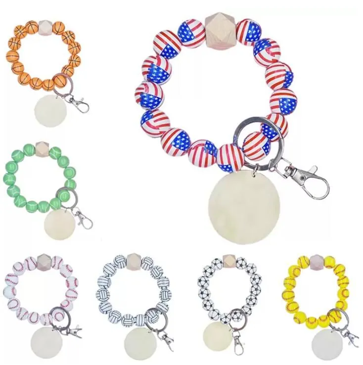 Titanium Sport Accessories wood DIY Beaded Bracelet Keychain Pendant Party Favor Sports Ball Soccer Baseball Basketball Wooden Bead Bracelet 9