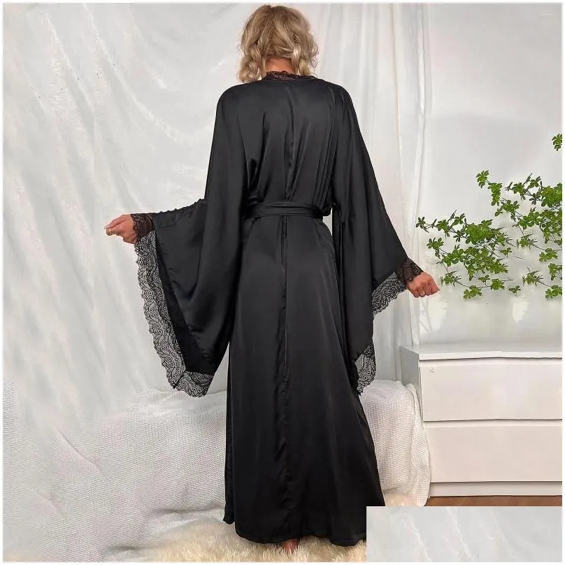 Women`S Sleepwear Womens Oversized Ice Silk Satin Women Robes Luxury Lace Long Batwing Sleeve Soft Dstring Waist V-Neck Maxi Pijama D Dhwej