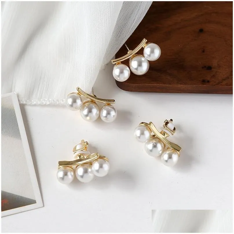 Stud Natural Pearl 925 Sier Earrings Fashion Designer Jewelry 10Mm Three Pearls Earring For Women Wedding Drop Delivery Dhuqp