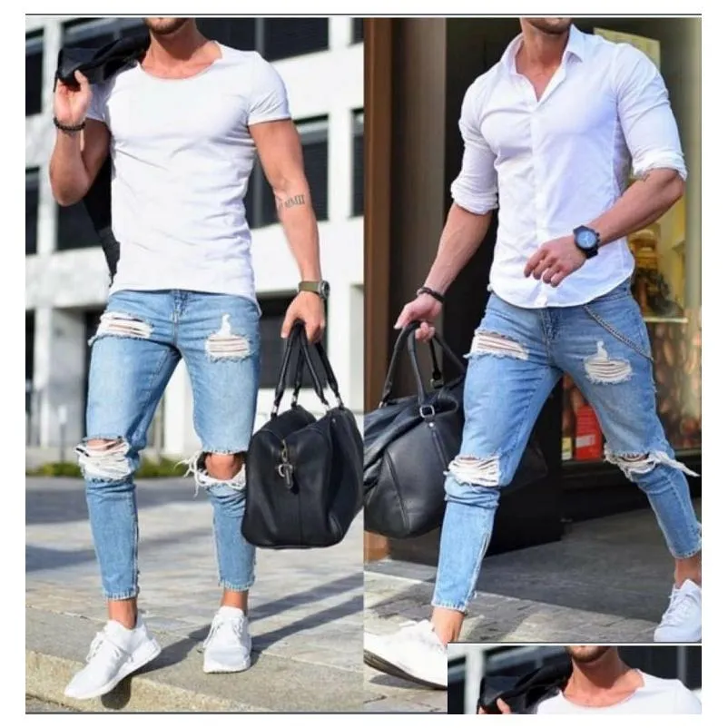 Men`S Jeans Mens Blue Denim Ripped Slim Fit Tight Light Color Hole Male Skinny Pencil Pants Casual Trousers With Zippers Drop Deliver Dhpda