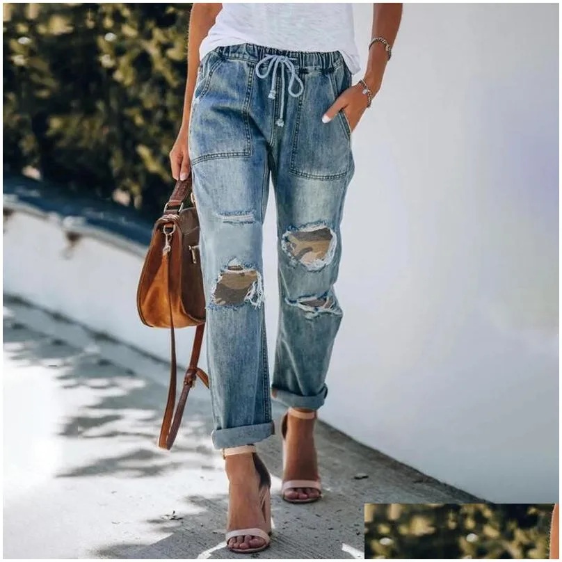 Women`S Jeans Womens Summer Casual Blue Pattern Printed Loose Ankle-Length Wide Leg Straight Pants Holes Tight Waist Drop Delivery Ap Dhvlg