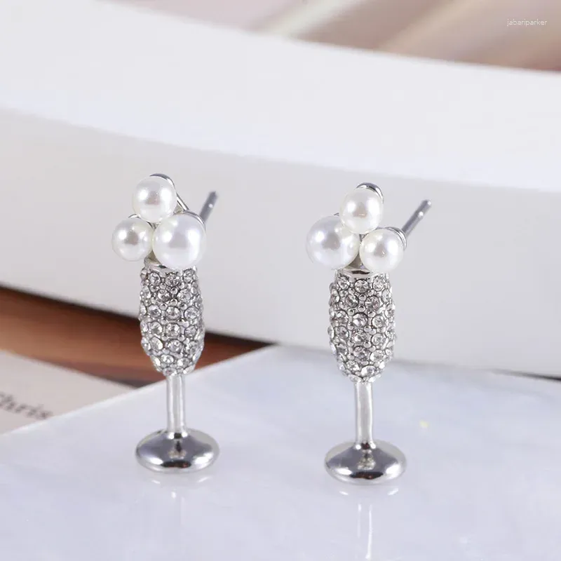 Stud Earrings European And American Accessories Wholesale Champagne Glasses Wine Inlaid With Pearl Design Goblet Ear Studs