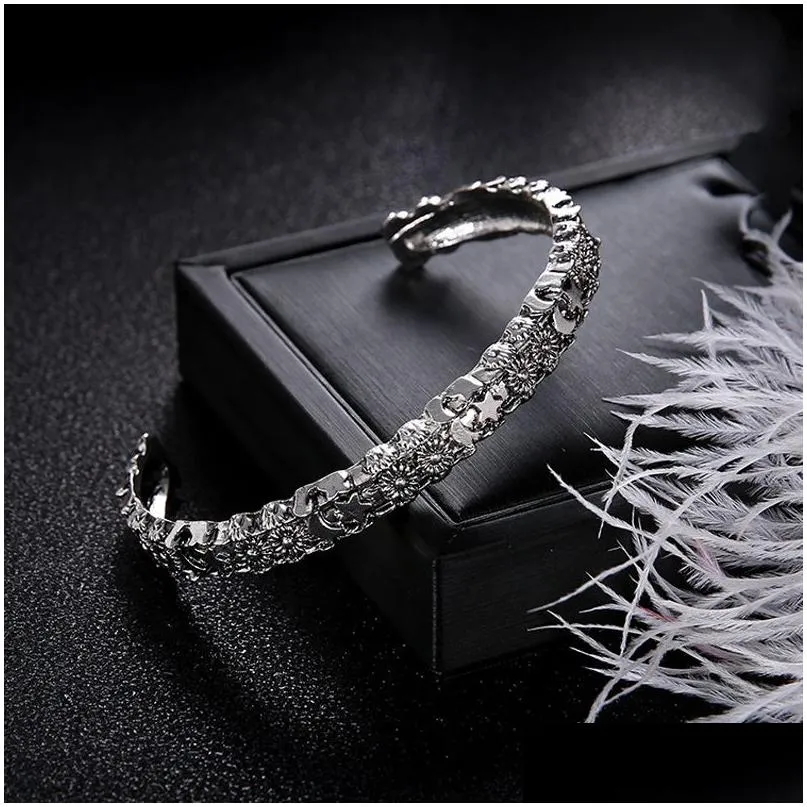 Cuff Fashion Antique 925 Sier Bangle Open Women Bracelets Cute Moon And Star Daisy Bangles For Diy Jewelry Wholesale Drop Delivery Dhrwf