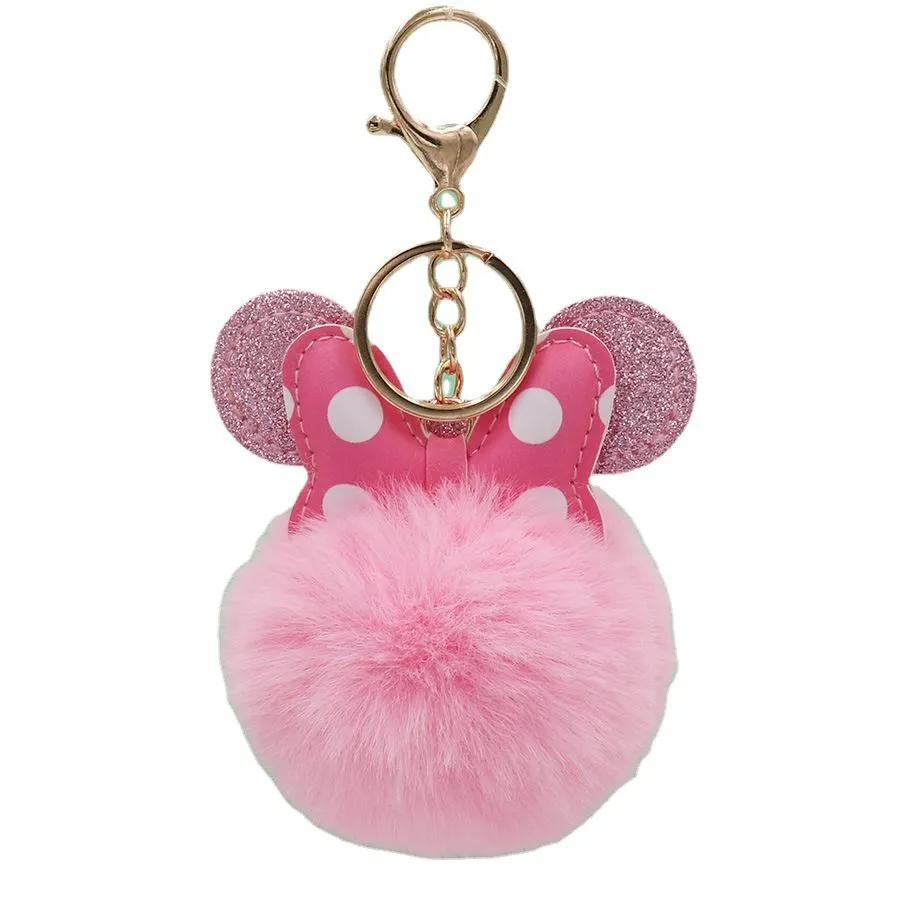 Cute Pompom Key Chains Jewelry Accessories Polka Dot Bow Mouse Design Fluffy Faux Rabbit Fur Ball Keychains Women Girls Car School Bag Key Rings Charm Keyrings