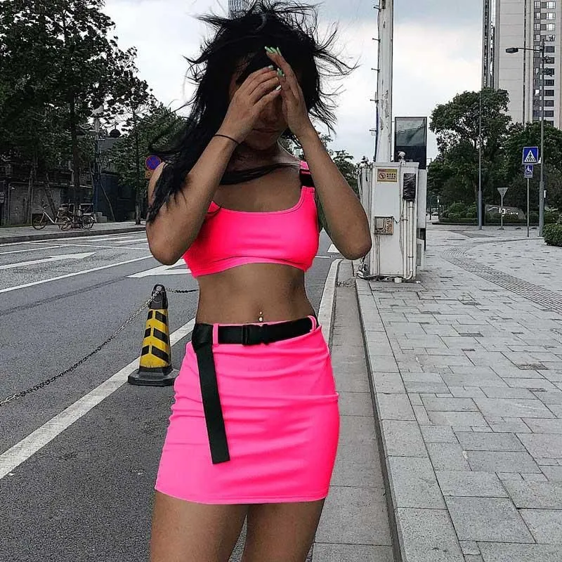 Two Piece Dress Summer Women Neon Pieces Set Skirt Bandage Crop Top And Tracksuit Outfits Streetwear 2 Festival Clothes