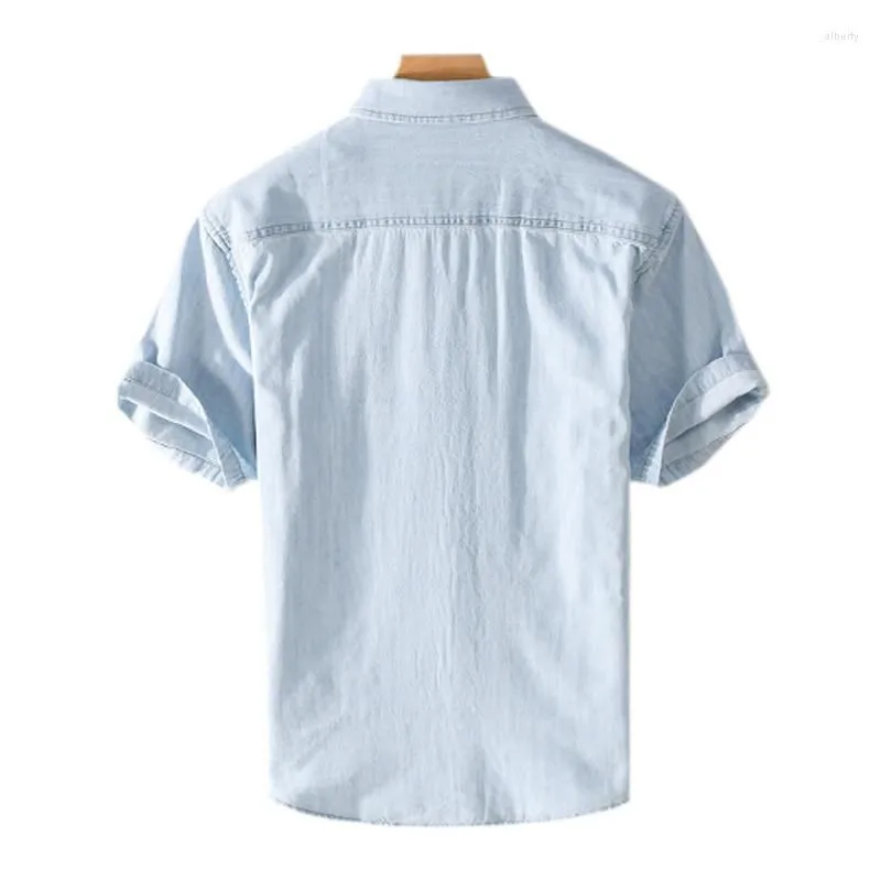 Men`s Casual Shirts Summer Pure Cotton Short Sleeved Denim Shirt Versatile Blue