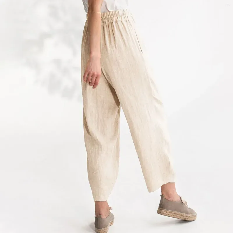 Women`s Pants Summer Solid Color Casual Loose Pocket Cotton Linen Nine Minute Pantalones De Mujer Ropa