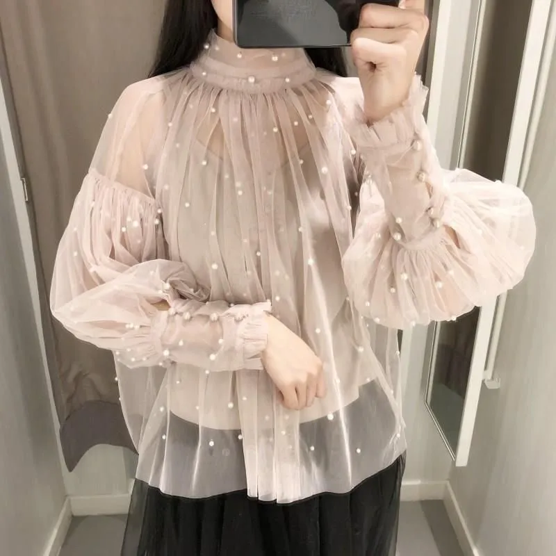 Fashion Autumn Women lace bottoming shirt Sweet Beads Bubble Sleeve Pearls Button Gauze Ladies Elegant Mesh Blusas Tops